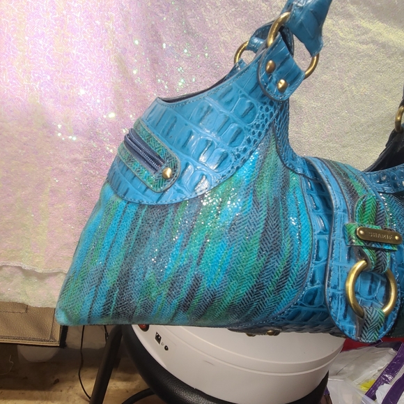 Sharif MSRP$175 Studio Blue/Green Croc Textured Embossed Leather Tassel Satchel - Picture 5 of 15